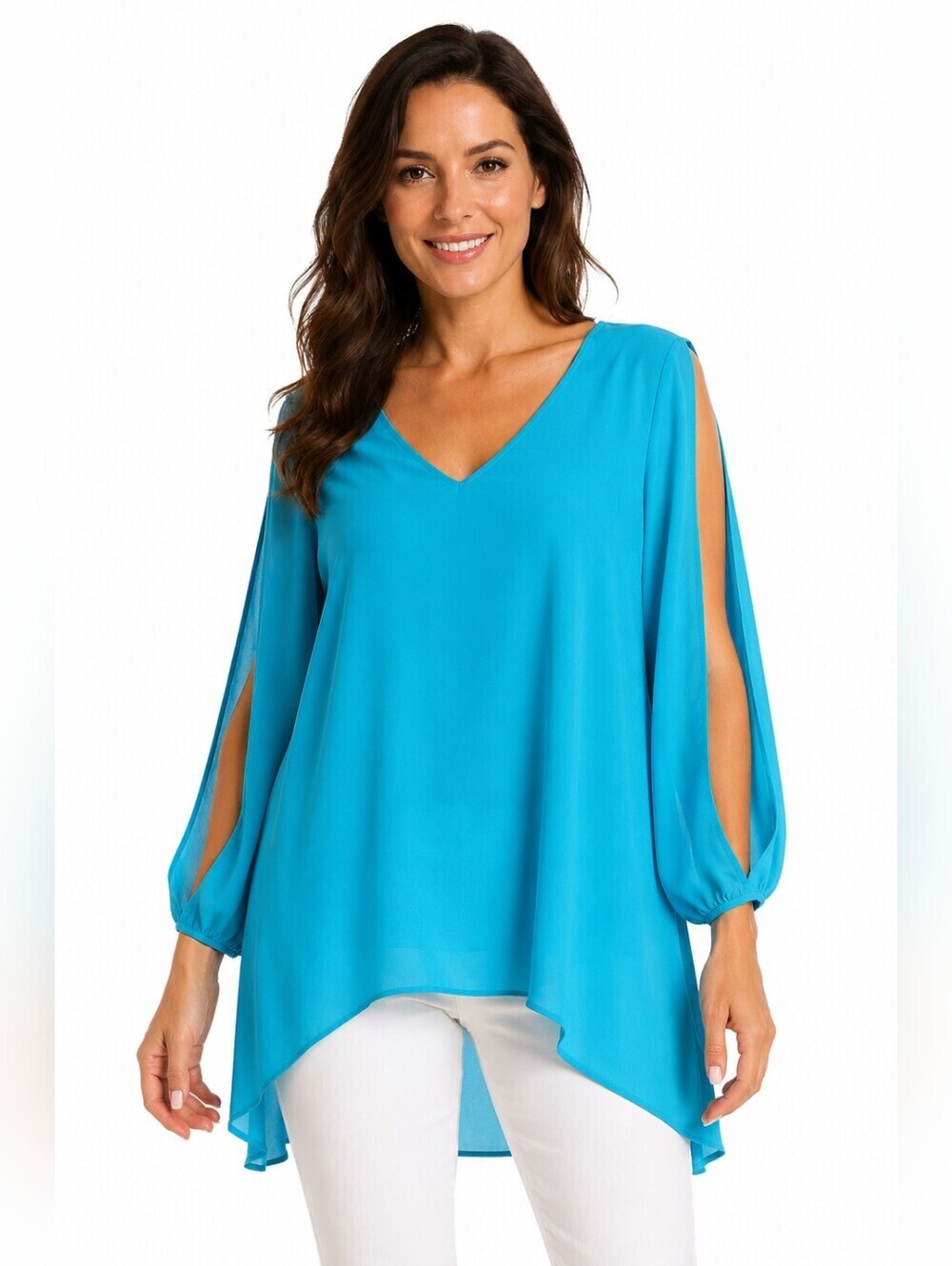 High-Low Blue Tunic Top Blue Lightweight Open Sleeve M